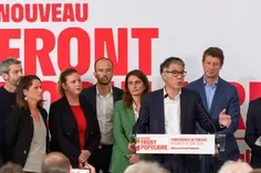 Olivier Faure (PS) prend la parole lors d'une conférence de presse du Nouveau Front populaire le 14 juin 2024 à Paris. © Julien Mattia/Le Pictorium/Alamy Live News